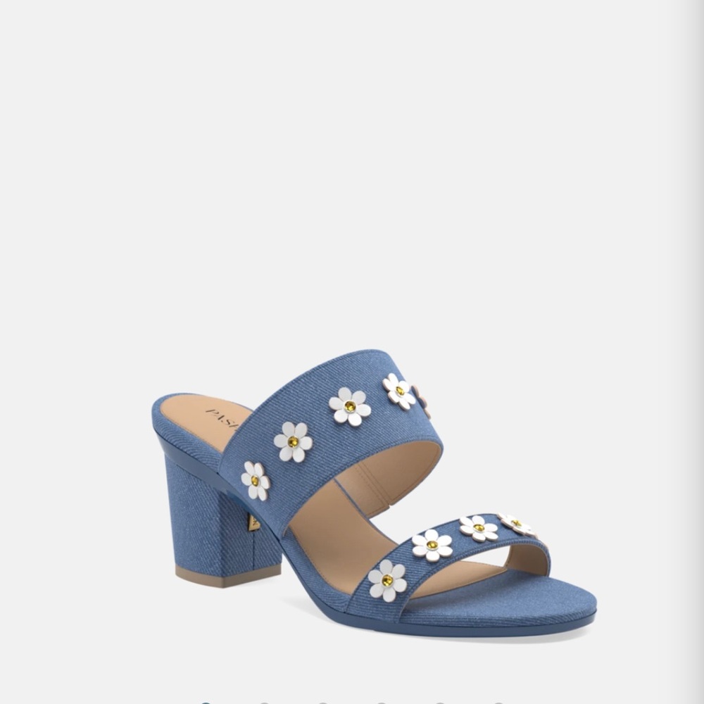 Pashion Footwear Slides Blue Denim Daisy Block 3" Heel Kit Included